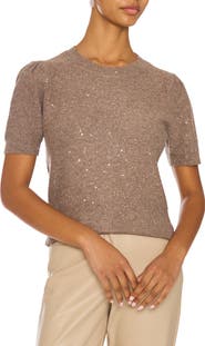 Vince Camuto Sequin Puff Sleeve Crewneck Sweater