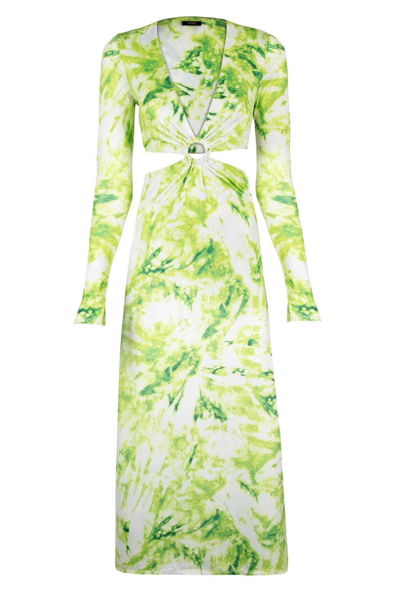 Lola Leopard Print Cutout Detail Long Sleeve Midi Dress, Main, color, LIME MARINE TIE DYE