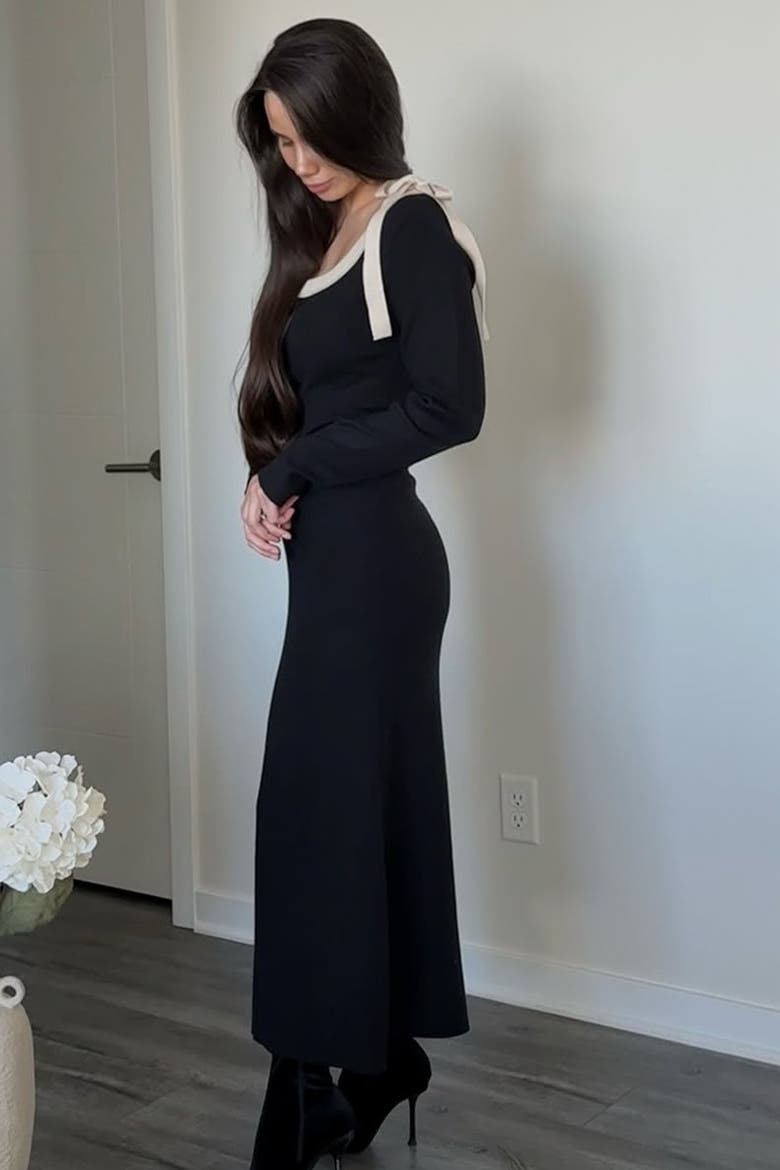 Shoulder Bow Detail Maxi Sweater Dress, Alternate, color, Black