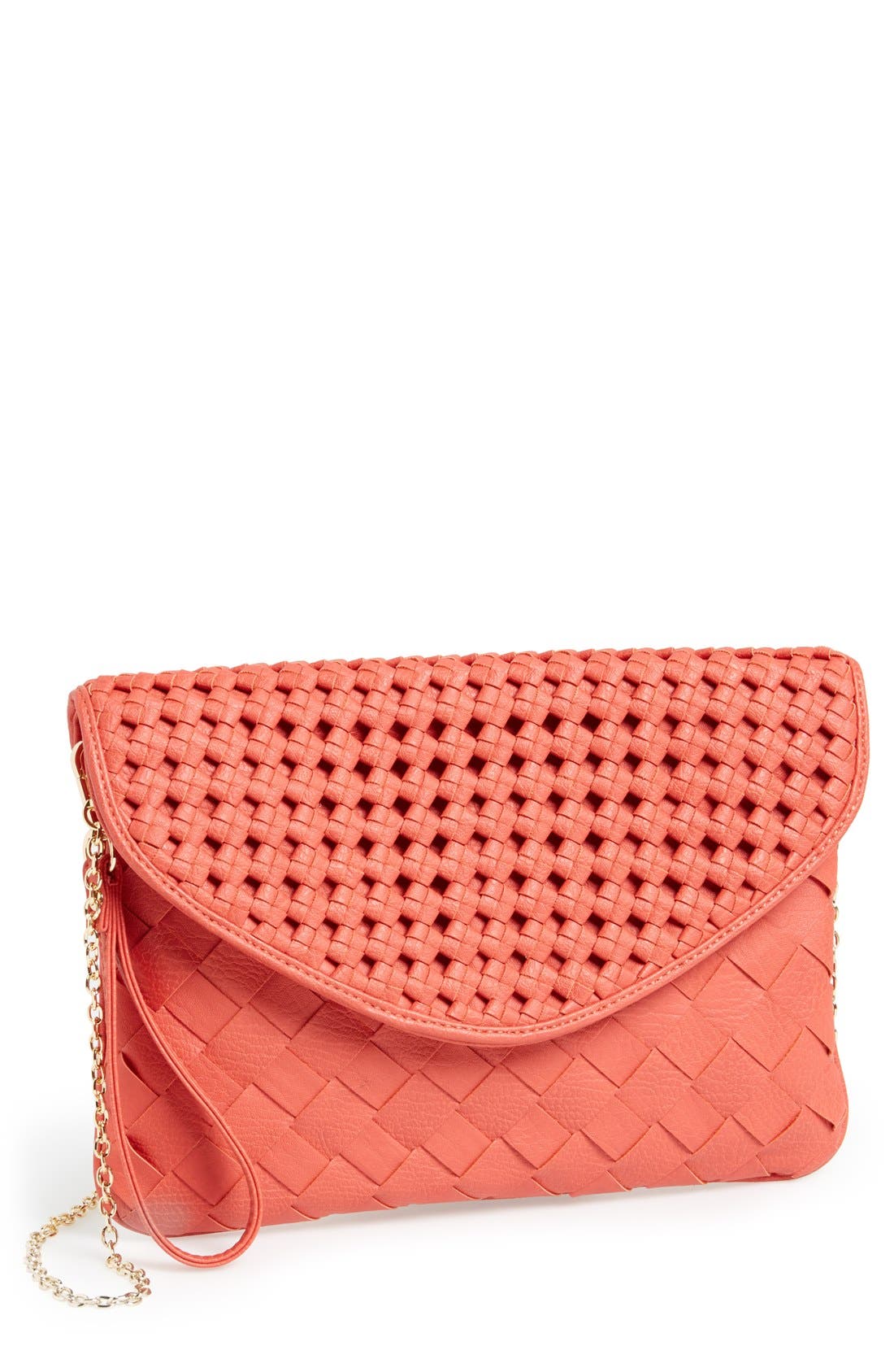 'Chloe' Woven Faux Leather Clutch, Main, color, CORAL