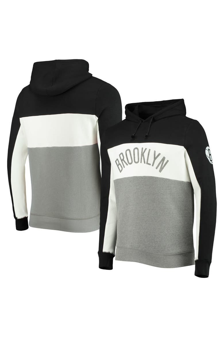 Men's Junk Food Black/White Brooklyn Nets Wordmark Colorblock Fleece Pullover Hoodie, Main, color, Black