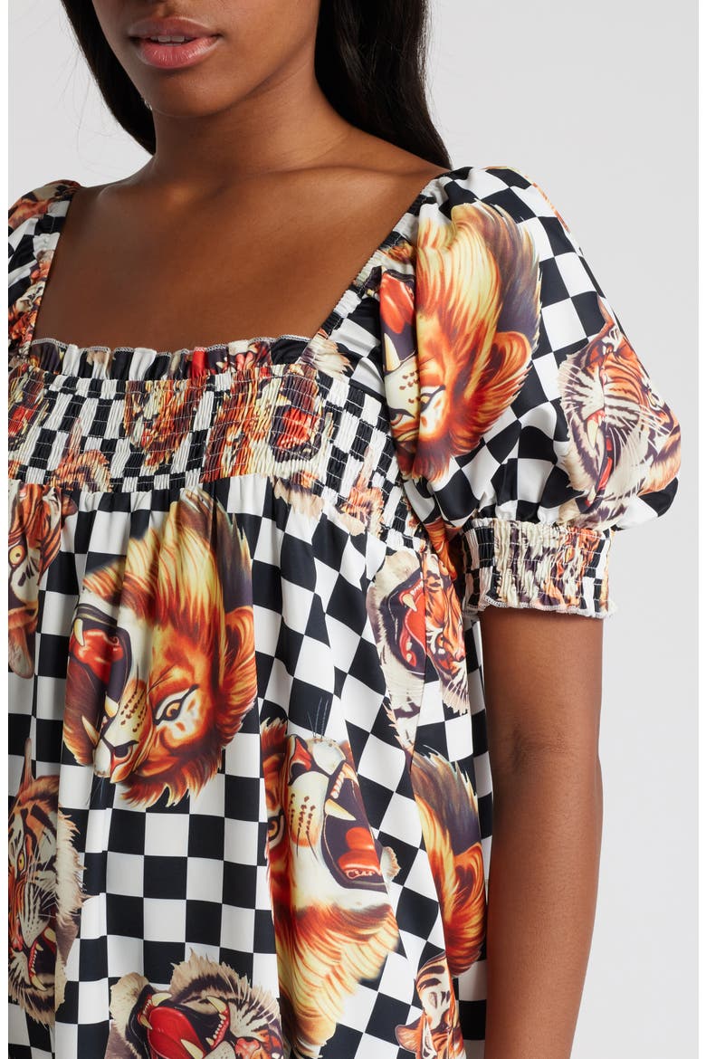 Palm Springs Lion Print Smocked Maxi Dress, Alternate, color, BLACK AND WHITE CHECK