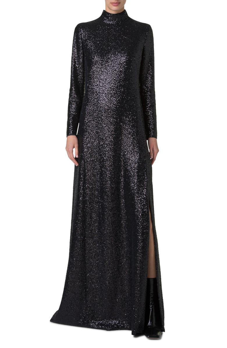 Akris Sequin Mock Neck Long Sleeve Gown, Main, color, 