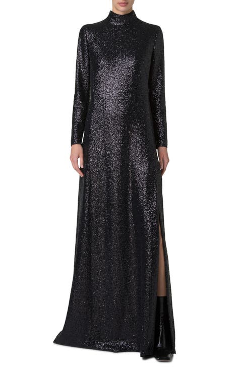 Sequin Mock Neck Long Sleeve Gown