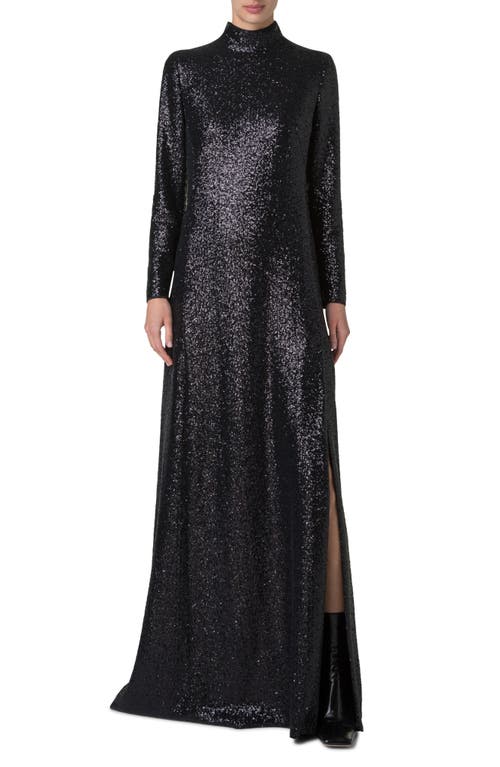 Akris Sequin Mock Neck Long Sleeve Gown In Black