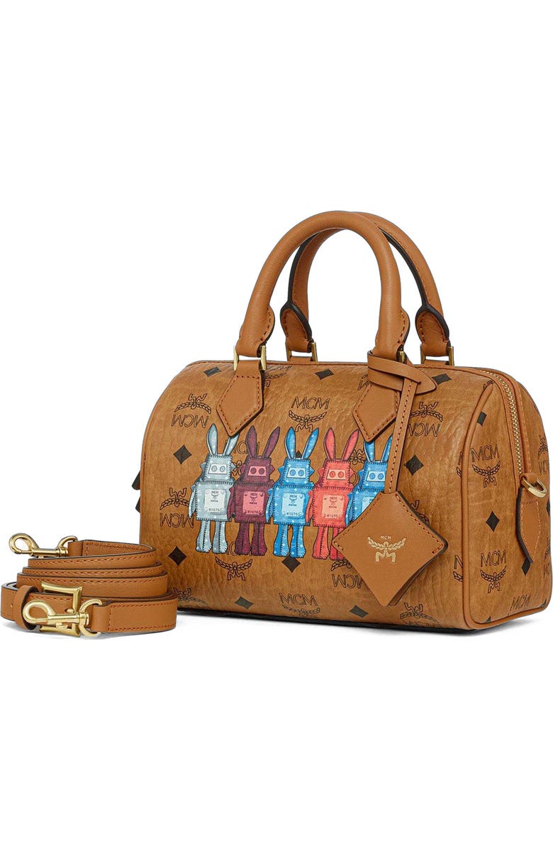 MCM Small Ella Boston Bag in Rabot Visetos, Alternate, color, Cognac