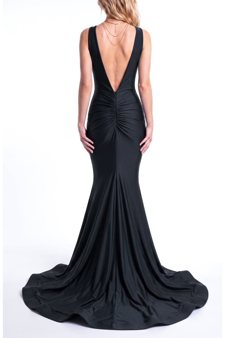 Plunging Low-Back Mermaid Evening Gown With Train, Alternate, color, Black
