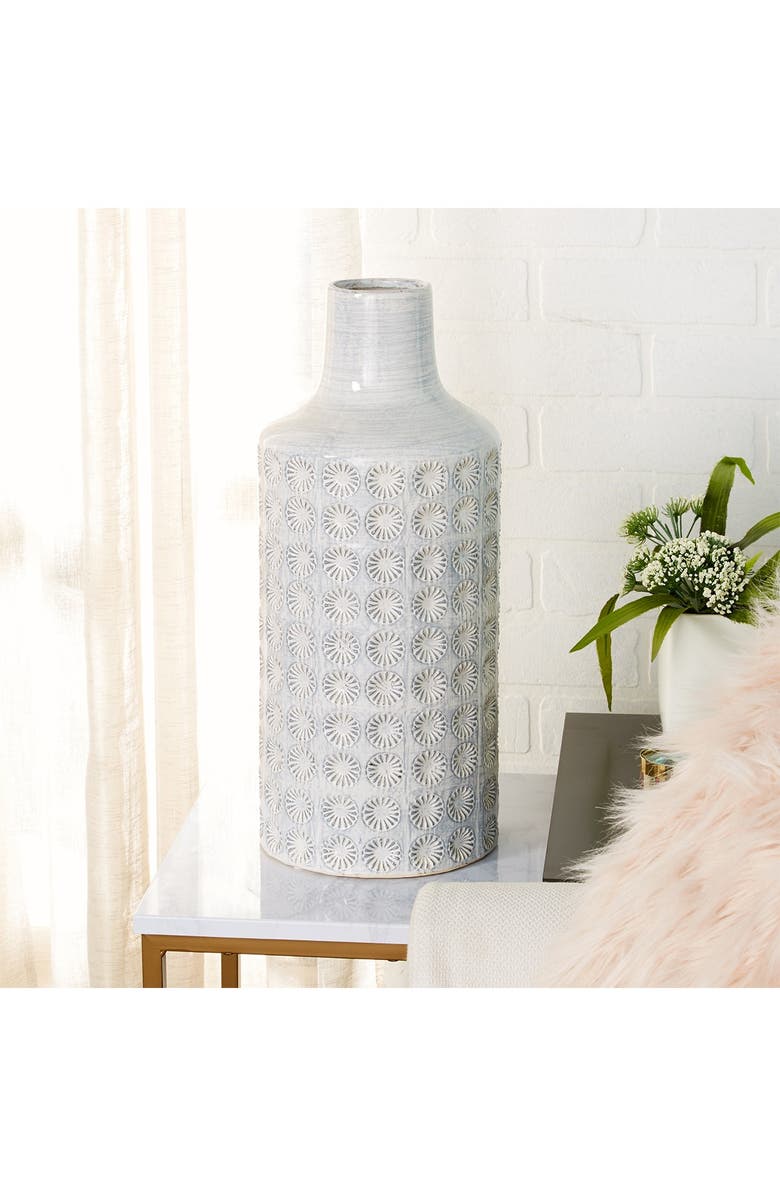 COSMO BY COSMOPOLITAN Large Round Blue & White French Country Rosette Ceramic Floor Vase, Main, color, 