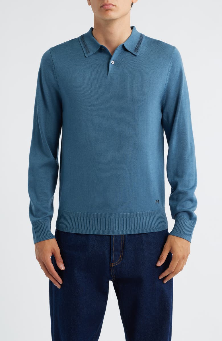 PS Paul Smith Long Sleeve Tipped Wool Polo Sweater, Main, color, Petrol Blue