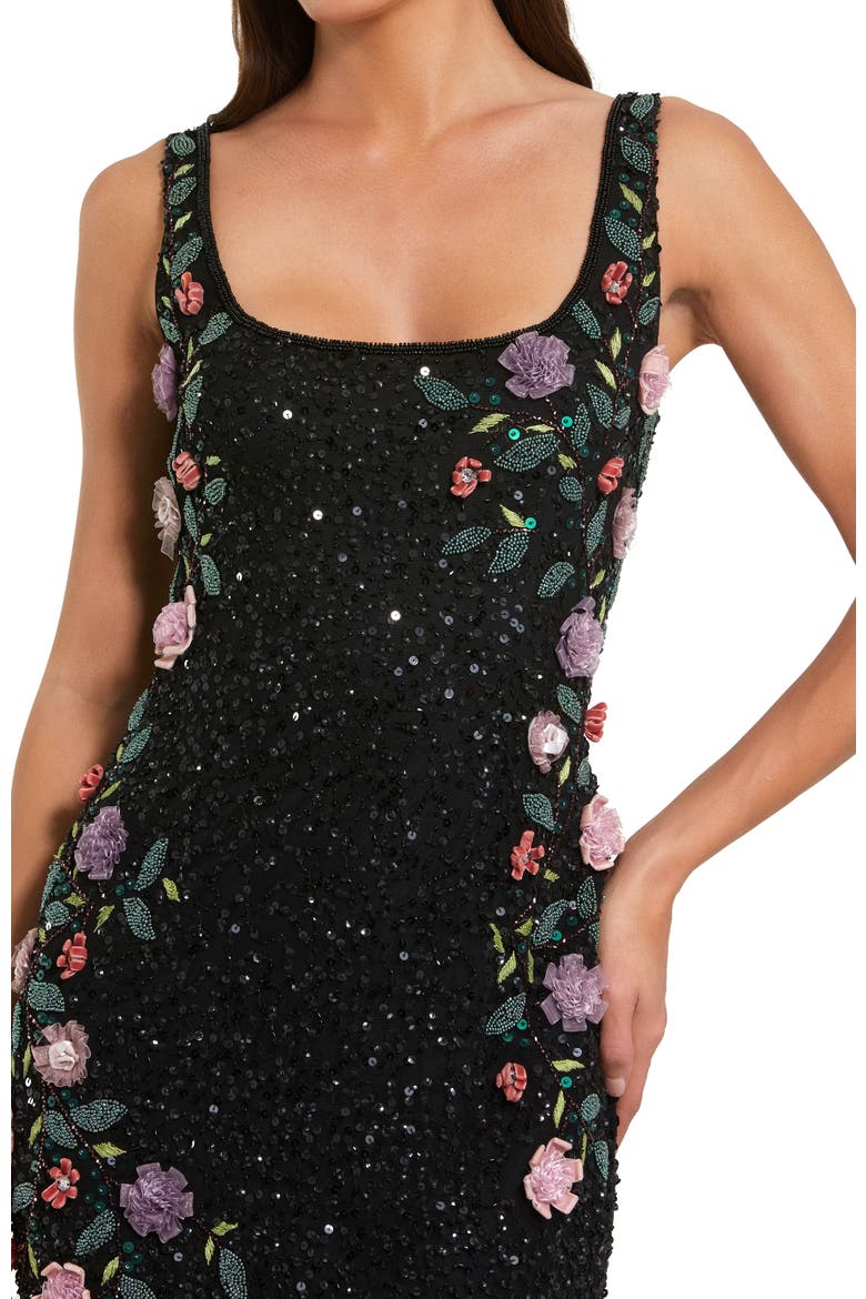 Embellished Mesh Gown with Scoop Neck and Floral Beading, Alternate, color, Black Multi
