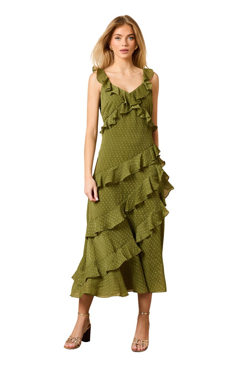 Oasis Dobby Ruffle V-Neck Tiered Midi Dress, Main, color, Khaki