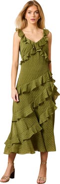Oasis Dobby Ruffle V-Neck Tiered Midi Dress