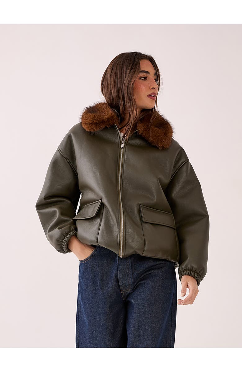 NASTY GAL Faux Fur Collar Bomber Jacket, Main, color, Khaki