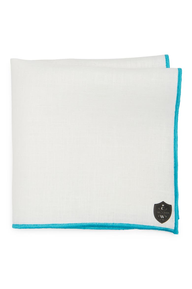 White Linen Pocket Square with Aqua Trim, Main, color, AQUA
