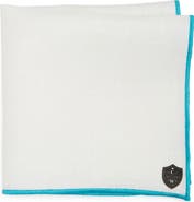 CLIFTON WILSON White Linen Pocket Square with Aqua Trim
