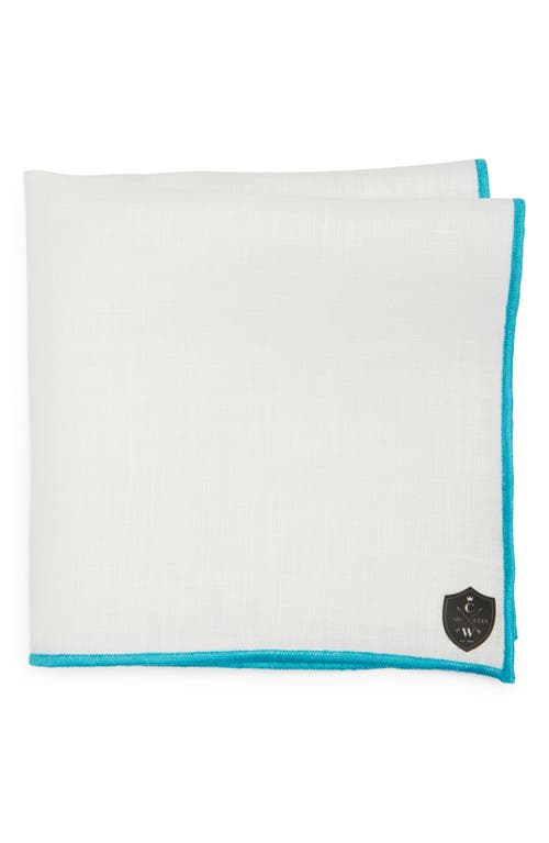 CLIFTON WILSON White Linen Pocket Square with Aqua Trim 