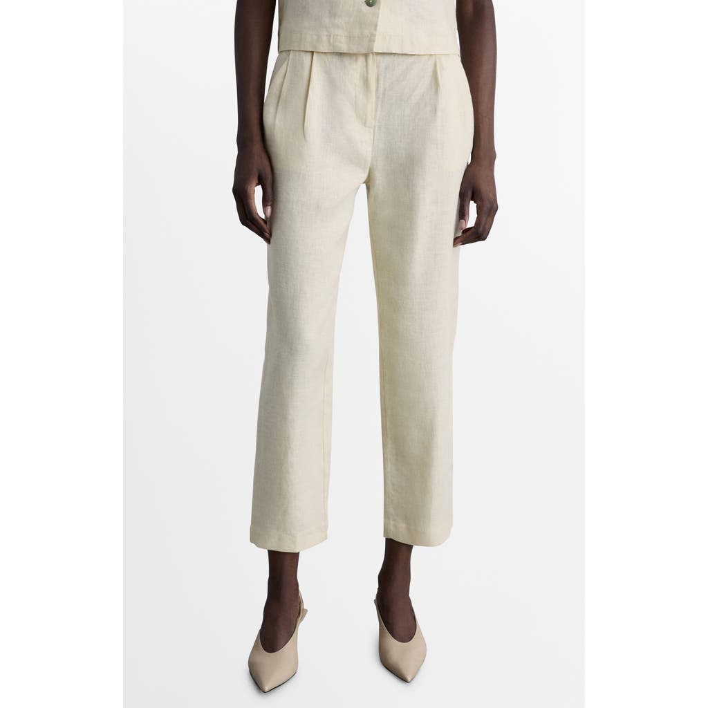 Mango Linen Straight Leg Crop Pants In White