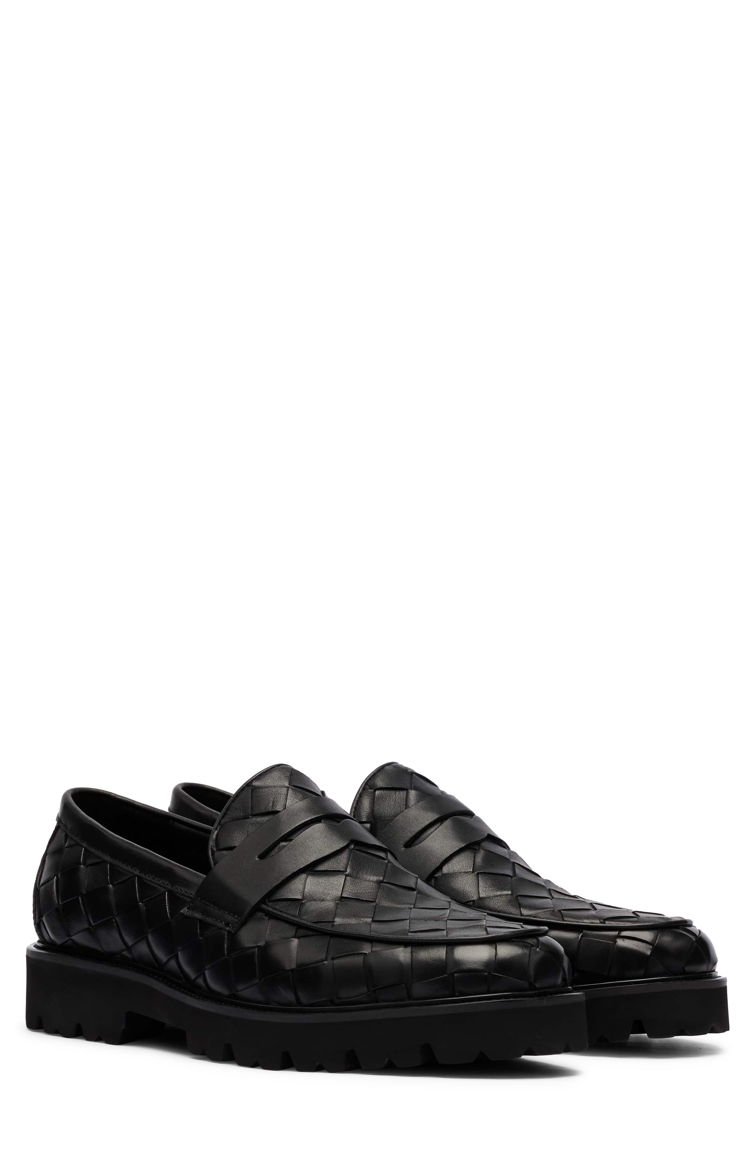 Adler Leather Penny Loafer, Main, color, BLACK WOVEN