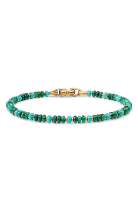 Men's Spiritual Beads Bracelet in 18K Yellow Gold with Malachite and Turquoise