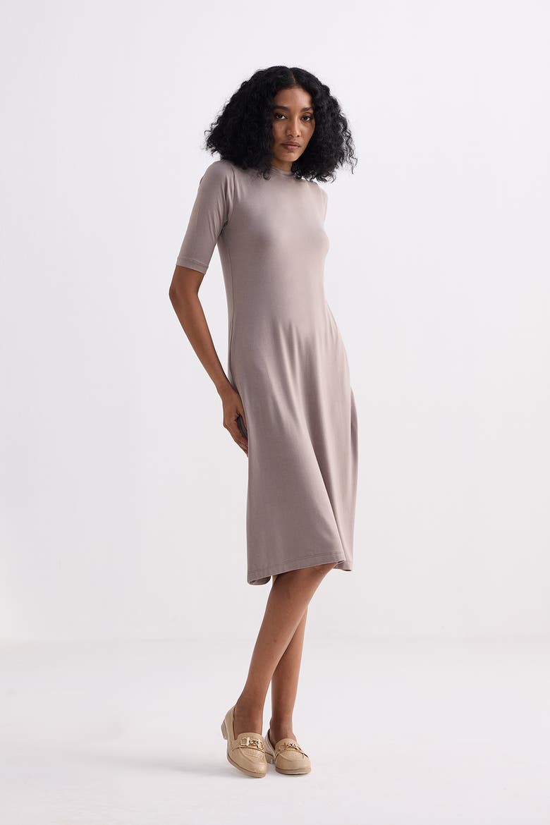 High Neck Elbow Sleeves Fitted Dress, Alternate, color, Dusty Brown