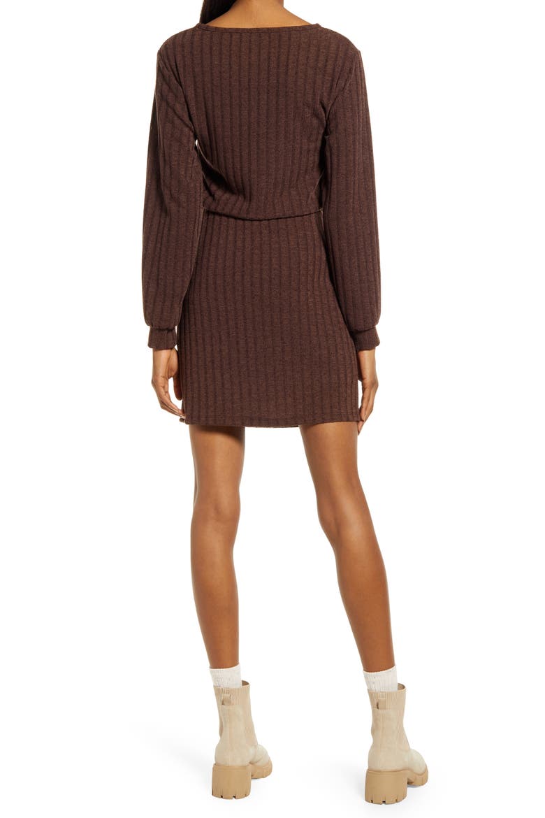 Tie Front Long Sleeve Dress, Alternate, color, BROWN