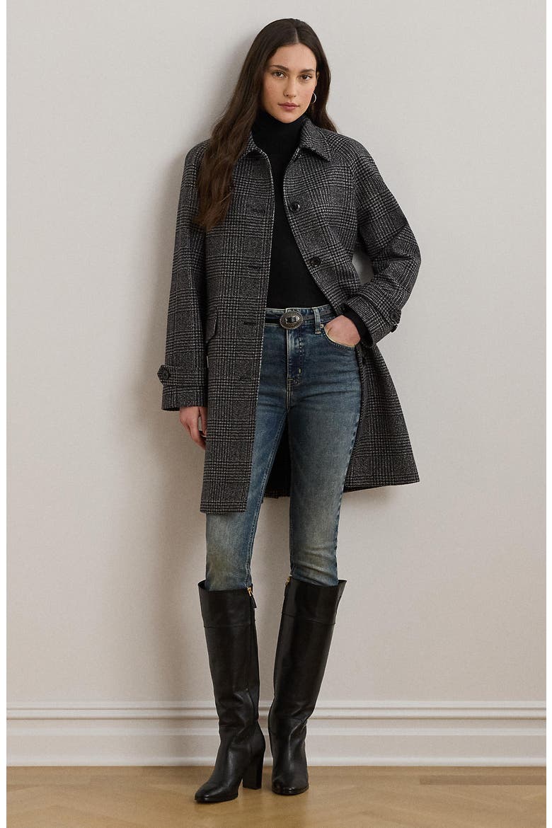 Single Breasted Plaid Wool Blend Coat, Alternate, color, BLACK/ GREY PLAID