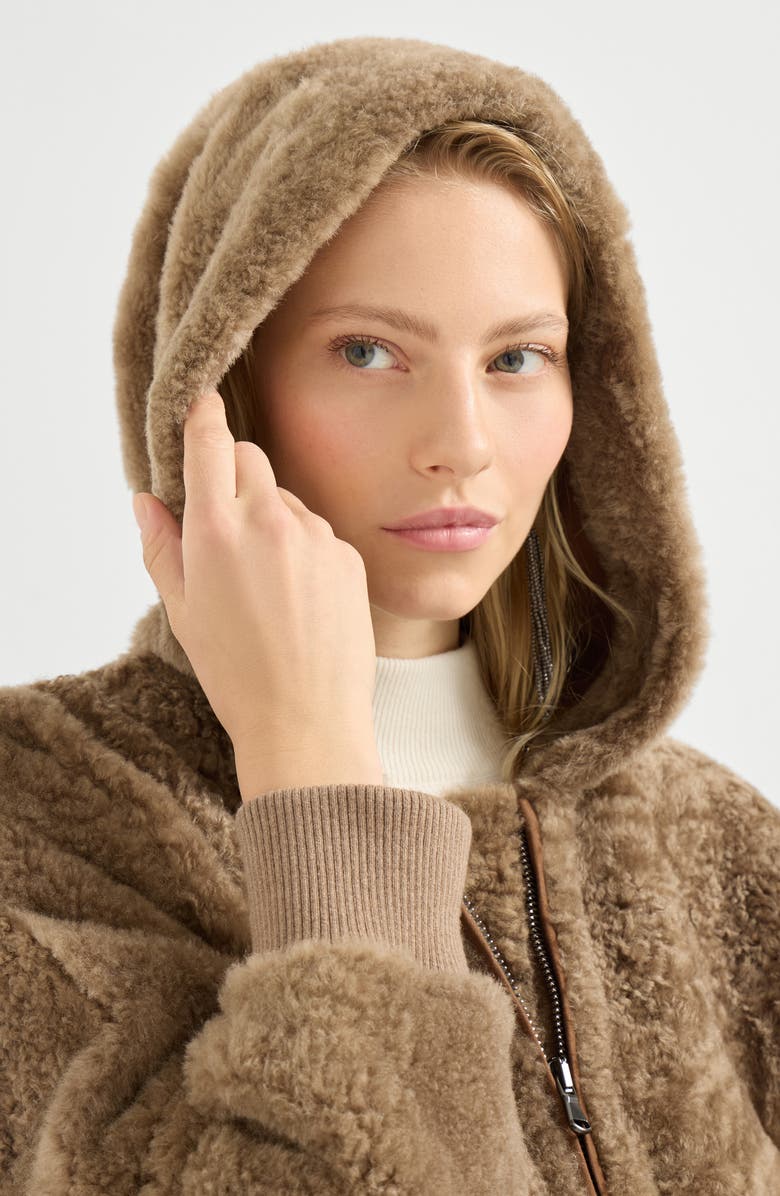 Brunello Cucinelli Fuzzy shearling outerwear jacket, Alternate, color, Brown