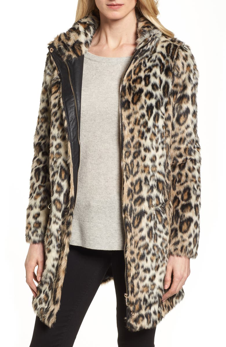 DOROTHY PERKINS Leopard Print Faux Fur Funnel Coat, Main, color, 