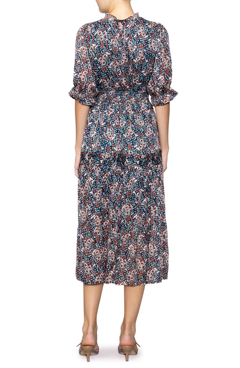 MELLODAY Floral Elbow Sleeve Tiered Midi Dress, Alternate, color, Burgundy Blue Floral