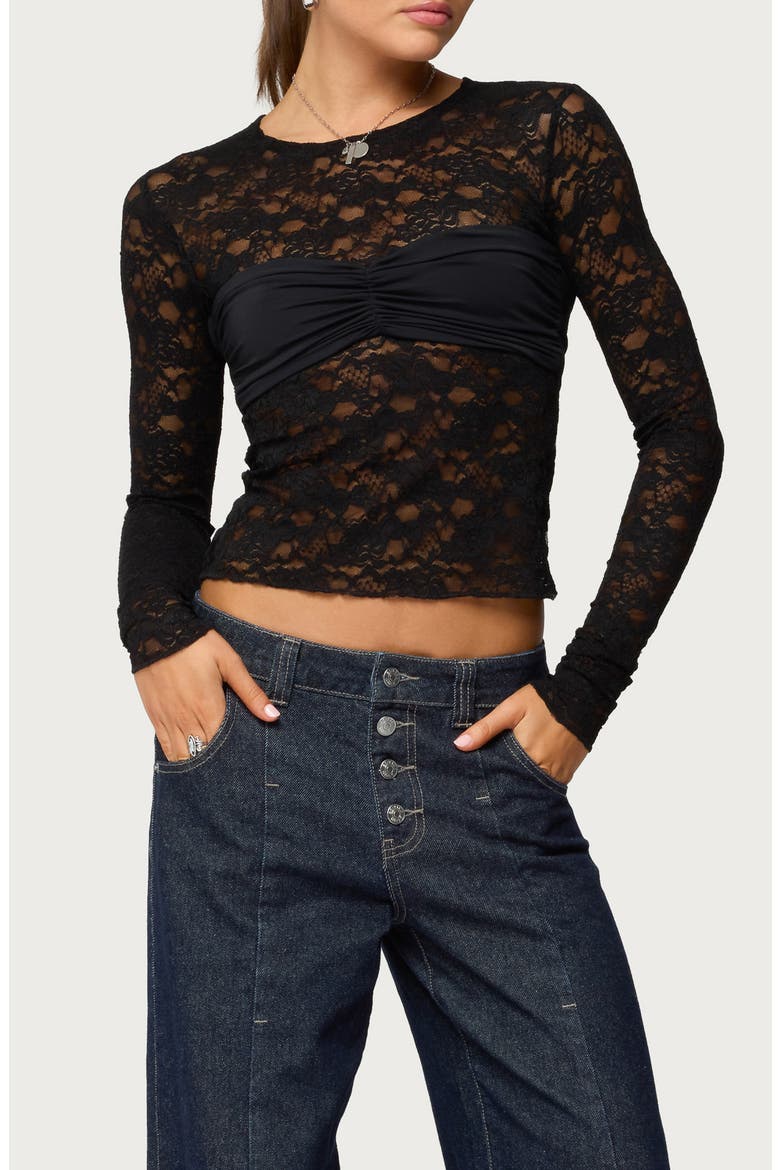 Rosette Bandeau Long Sleeve Lace Top, Main, color, BLACK