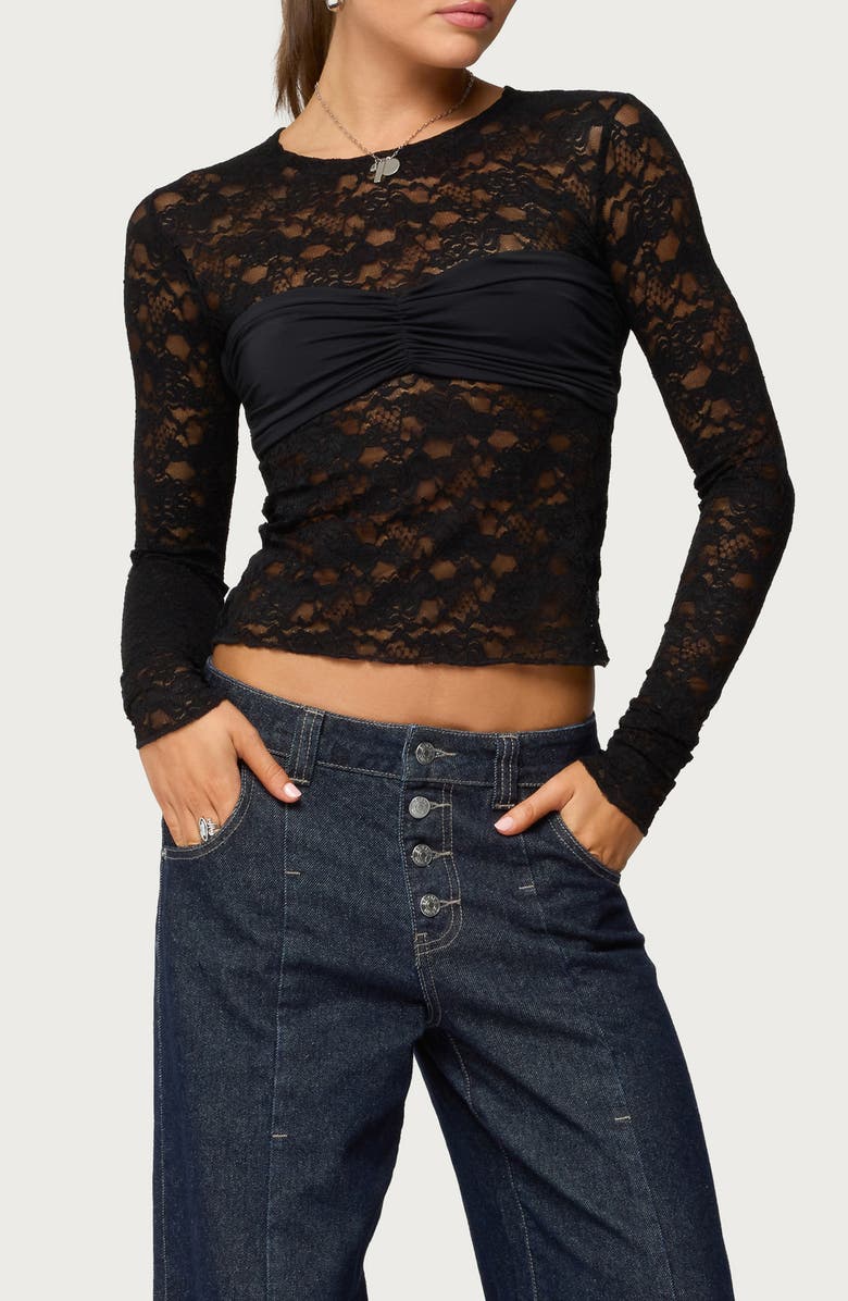 EDIKTED Rosette Bandeau Long Sleeve Lace Top, Main, color, Black