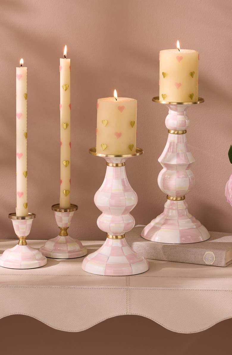 MACKENZIE CHILDS Rosy Check Medium Pillar Candleholder, Alternate, color, Rosy