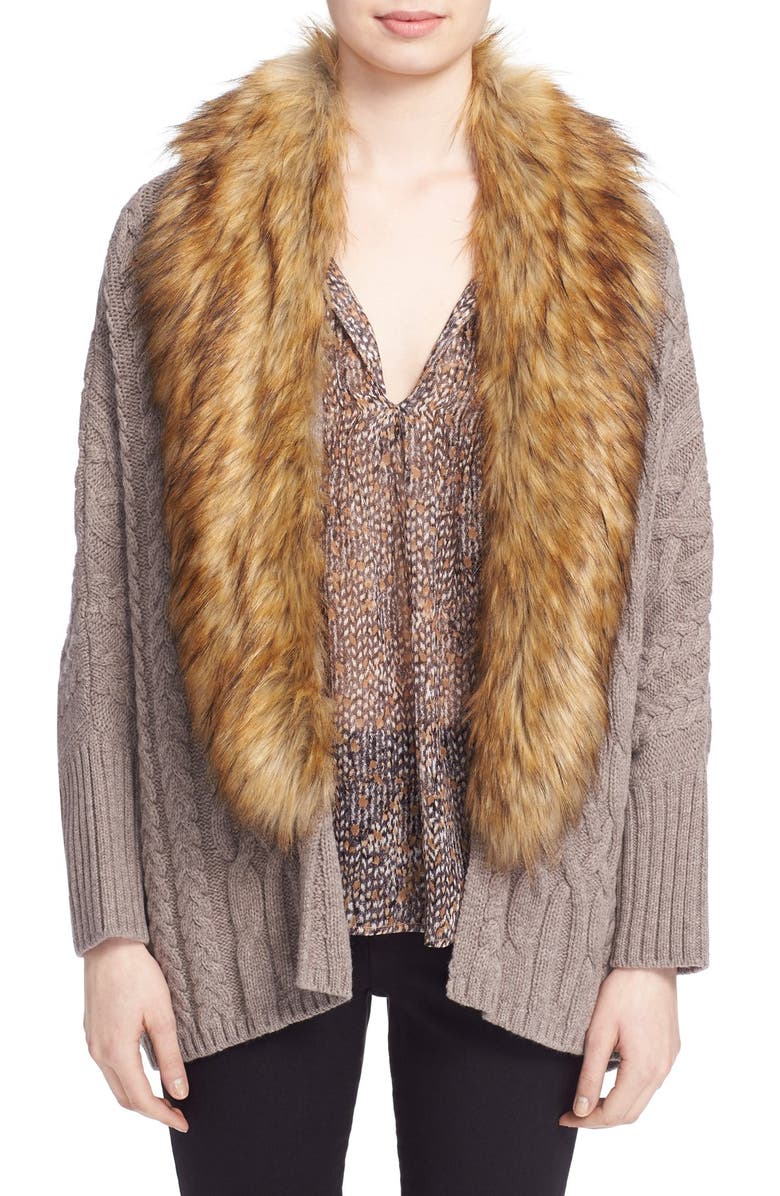 Joie 'Raeka' Faux Fur Collar Cable Knit Cocoon Cardigan, Main, color, 