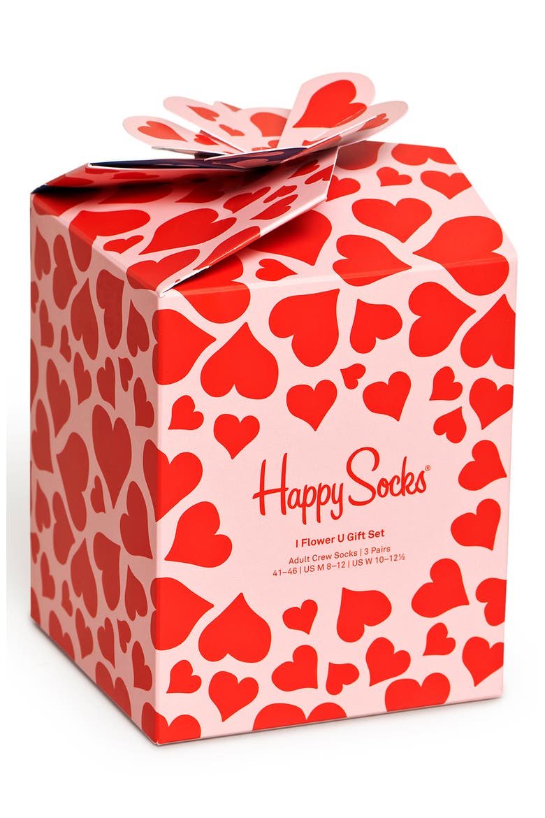 I Flower U Assorted 3-Pack Cotton Blend Crew Socks Gift Box, Alternate, color, RED
