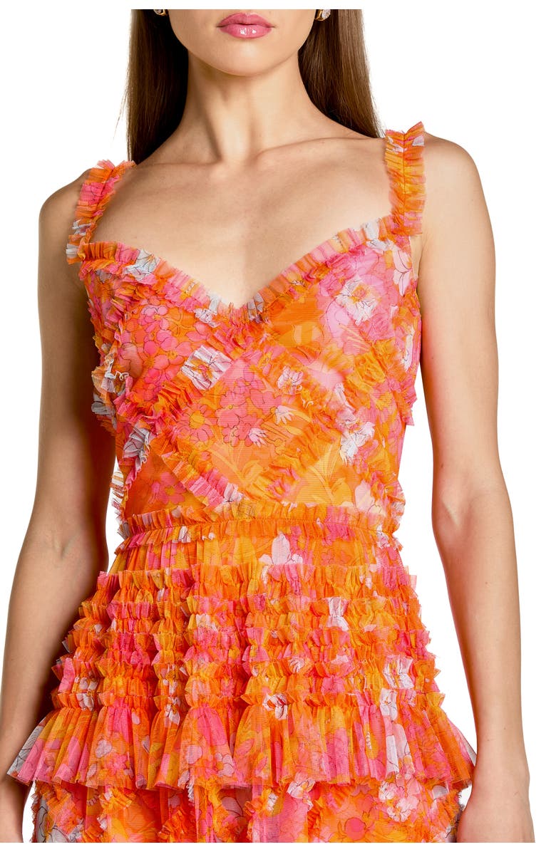 Mac Duggal Sleeveless Floral Ruffle A-Line Maxi Dress, Alternate, color, Orange Multi