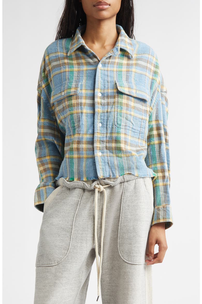 Plaid Fray Hem Crop Button-Up Work Shirt, Main, color, LIGHT BLUE PLAID