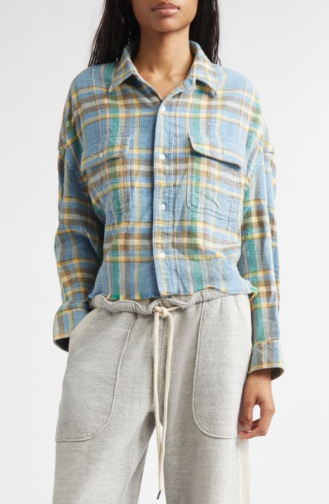 Plaid Fray Hem Crop Button-Up Work Shirt