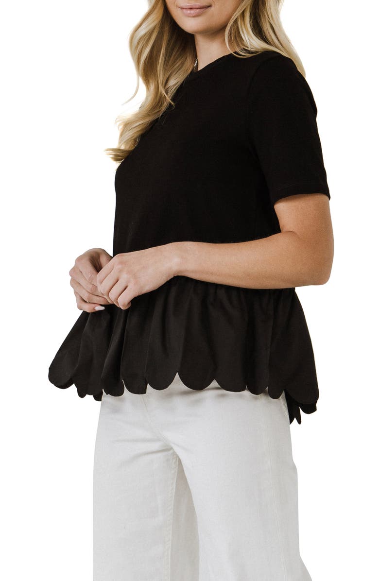 English Factory Mixed Media Scallop Peplum Cotton Top, Alternate, color, Black