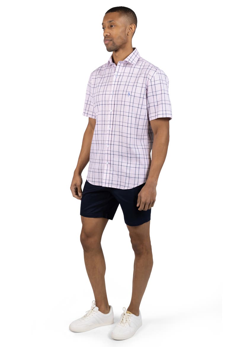 Large Check Yarn Dyed Short Sleeve Linen & Cotton Blend Button-Up Shirt, Alternate, color, PINK