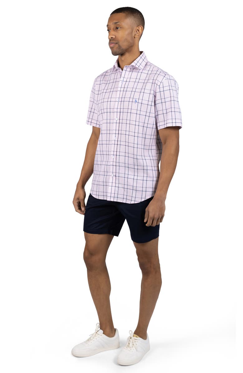 TailorByrd Large Check Yarn Dyed Short Sleeve Linen & Cotton Blend Button-Up Shirt, Alternate, color, Pink