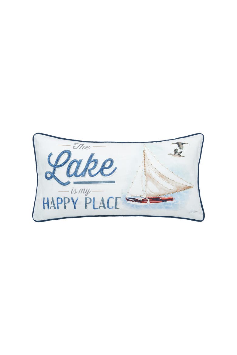 12" x 24" Lake Is My Happy Place Embellished Throw Pillow, Main, color, Blue