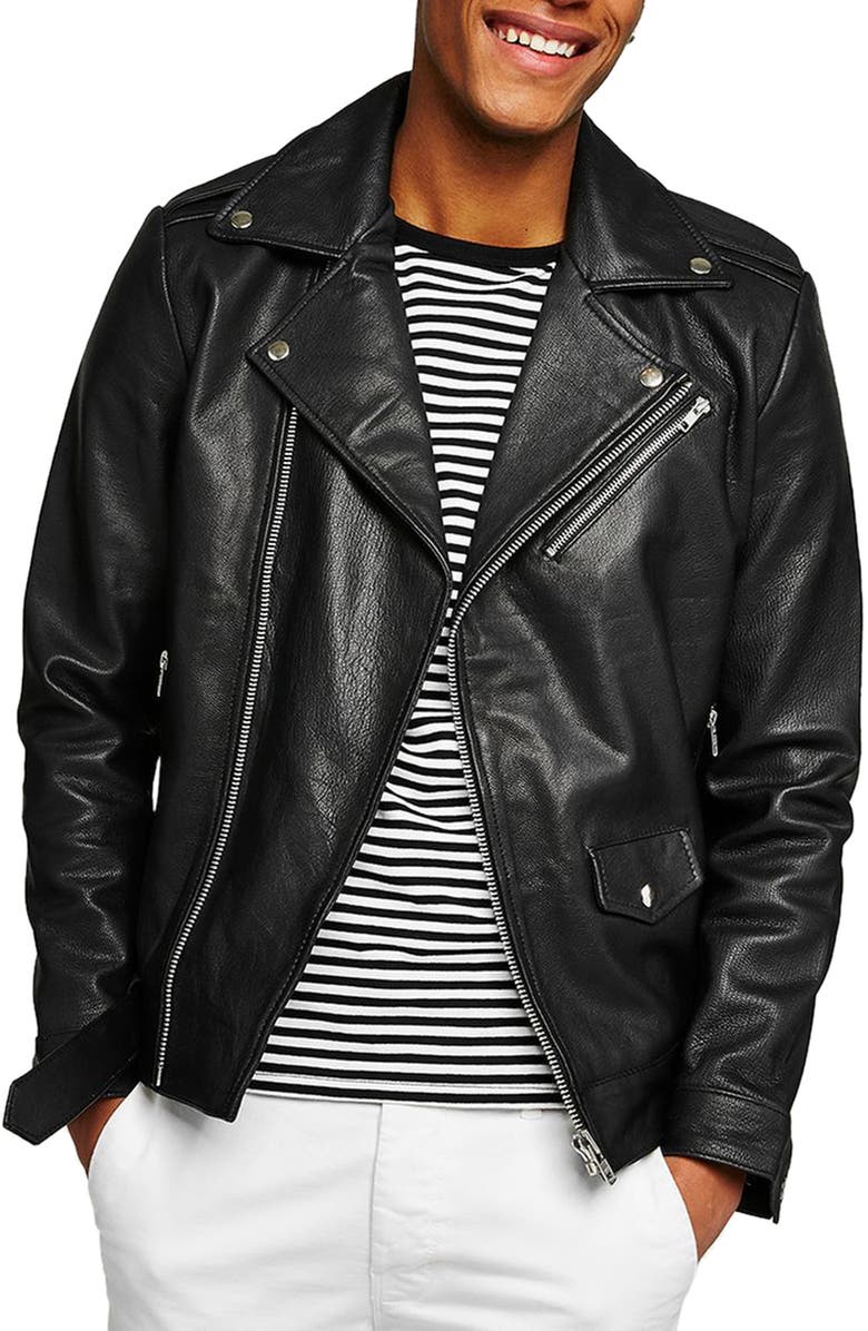 Topman Oversize Leather Biker Jacket, Main, color, 