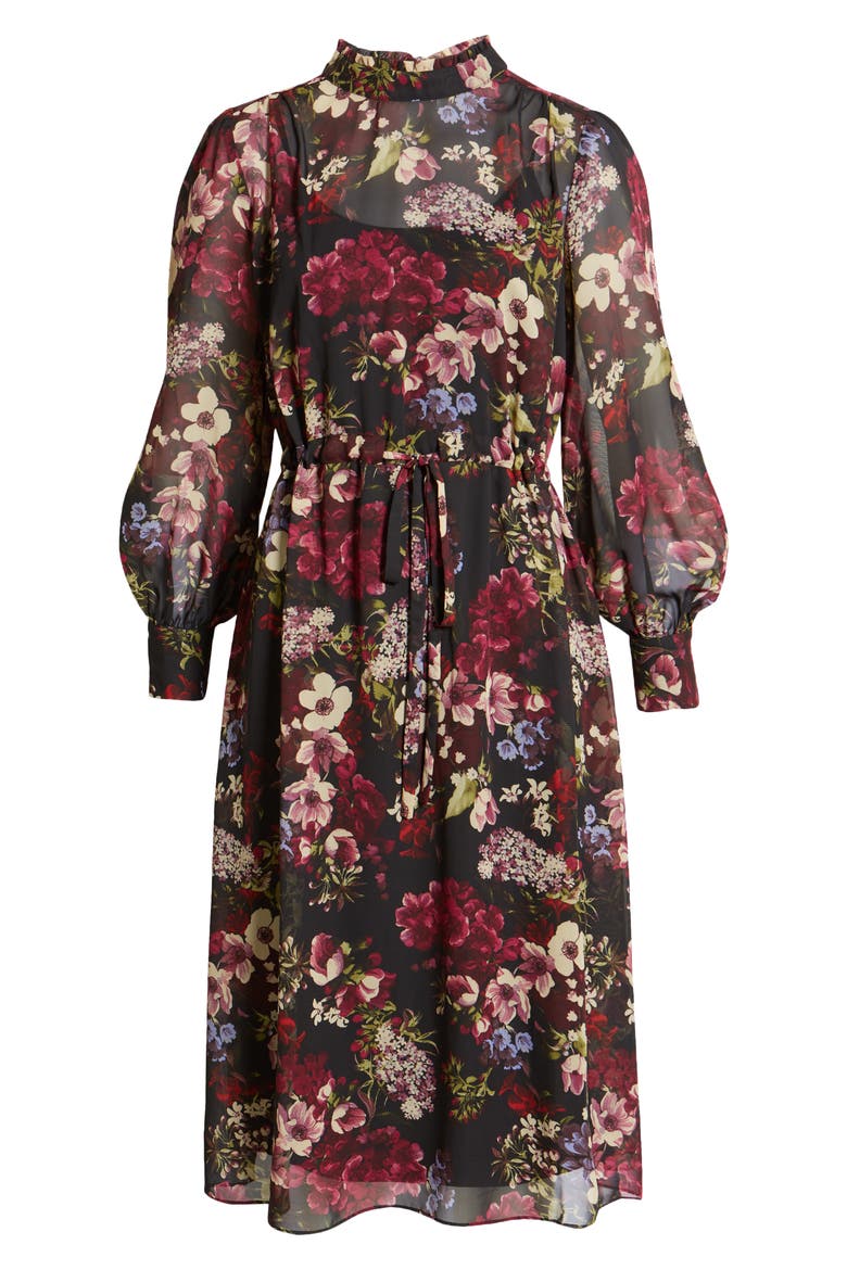 Floral Long Sleeve A-Line Dress, Alternate, color, BLACK MULTI