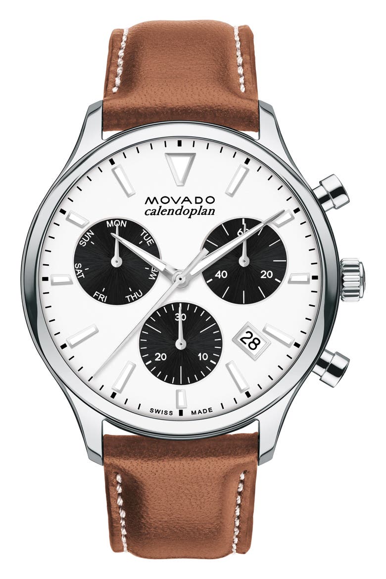 'Heritage' Chronograph Leather Strap Watch, 43mm, Main, color, BROWN/ WHITE