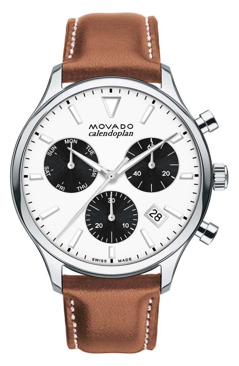 Movado 'Heritage' Chronograph Leather Strap Watch, 43mm, Main, color, Brown/ White