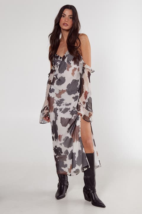 Cold Shoulder Bias Cut Split Maxi Dress
