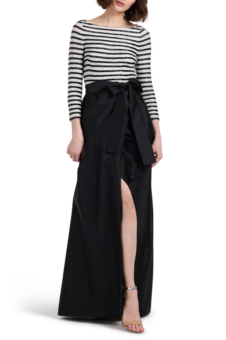 Beaded Stripe Mixed Media Taffeta Gown, Main, color, BLACK