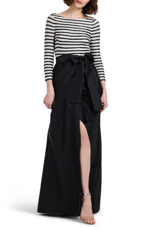 Beaded Stripe Mixed Media Taffeta Gown