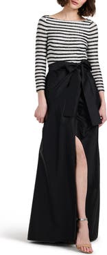 EMILY SHALANT Beaded Stripe Mixed Media Taffeta Gown