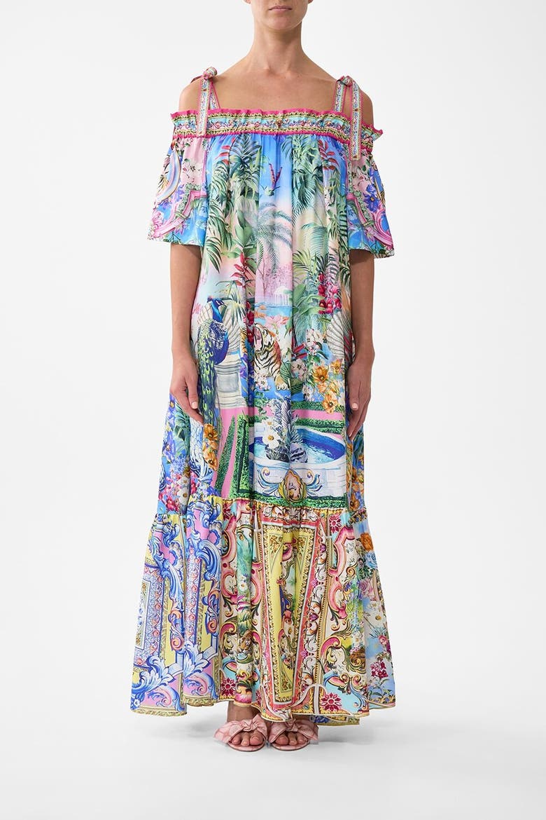 Long Off Shoulder Frill Dress With Straps Spirit Of Santa Maria, Main, color, Spirit Of Santa Maria